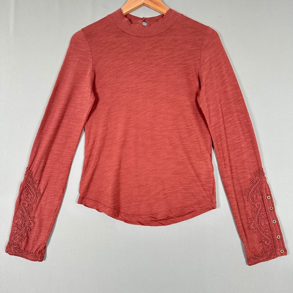 We The Free Free People Terracotta Red Embroidered Sleeve Mock Neck Top XS